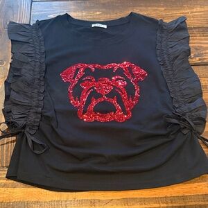 Elegant Black Blouse with Red Sequin Bulldog Design. Large. Excellent condition!